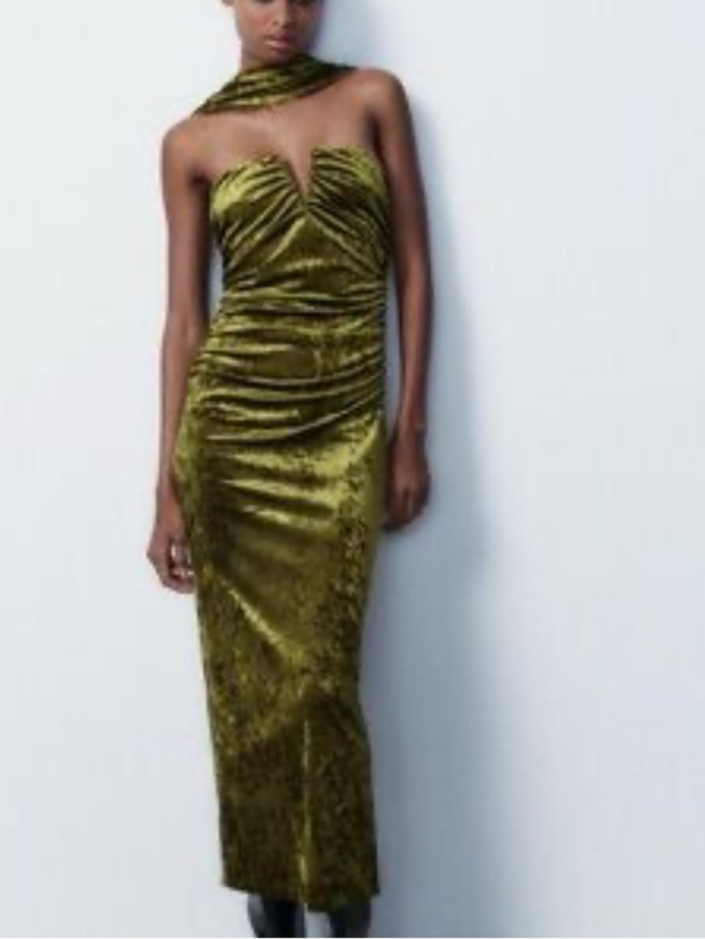 Zara Olive Green Velvet Strapless Midi Dress